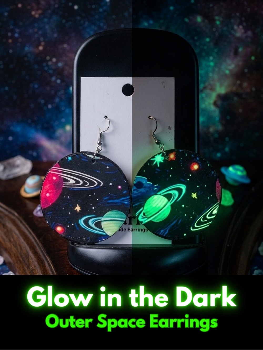 New - Handmade Glow-In-The-Dark Outer Space Round Statement Drop Earrings